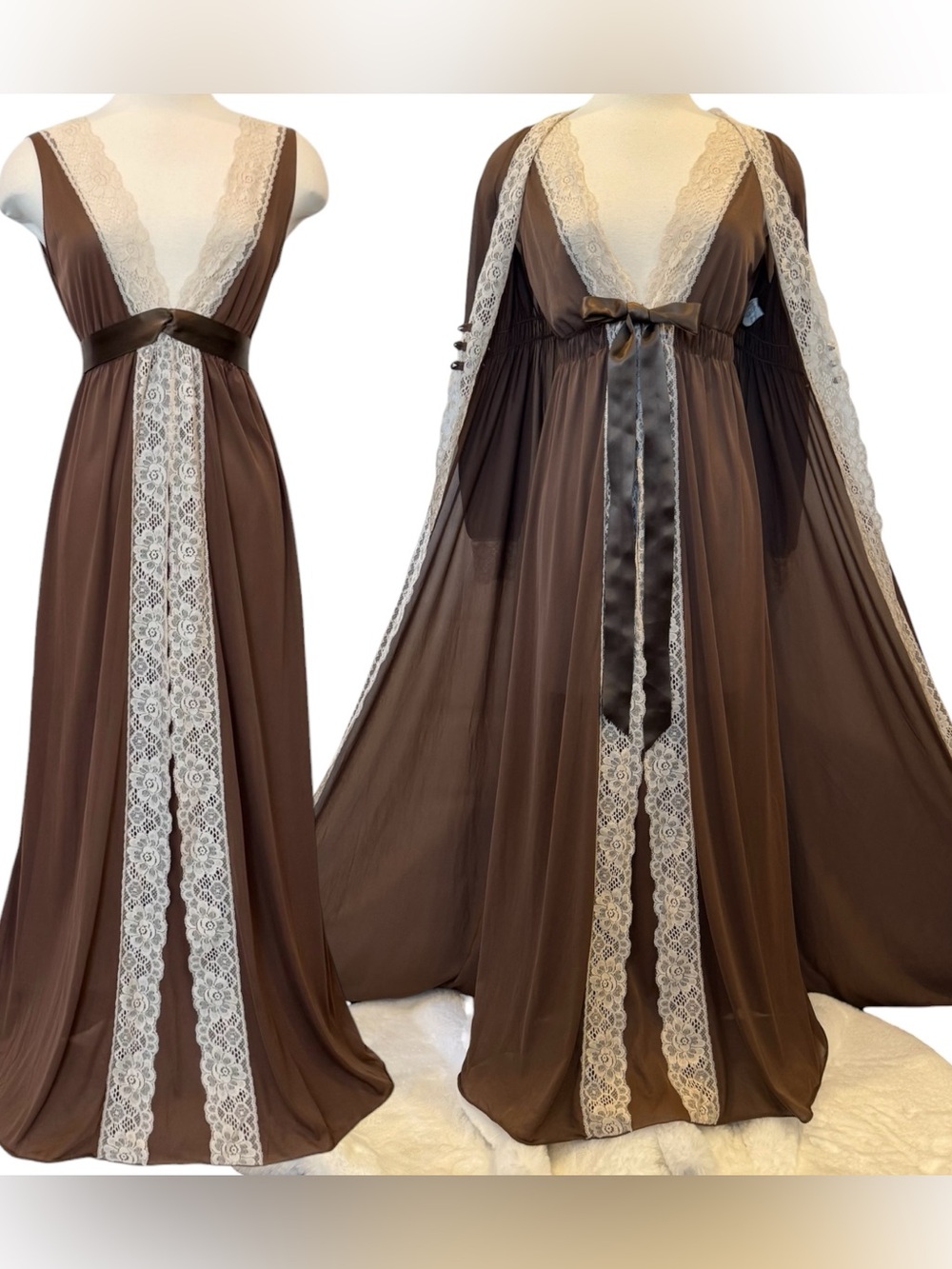 🌺SOLD🌺 Artemis Gossard Brown Silky Satin Lace 60s Empire Maxi Gown Robe 2pc Set - Picture 13 of 13